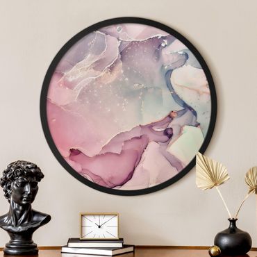 Rundes Gerahmtes Bild - Aquarell Pastell Rosa mit Gold