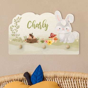 Kindergarderobe Holz - Aquarell Waldtier Hase mit Wunschname