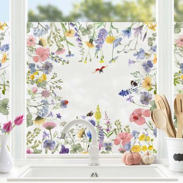 Fensterfolie - Sichtschutz - Aquarellierte Blumen mit Marienkäfern - Fensterbilder