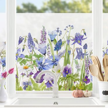 Fensterfolie - Sichtschutz - Aquarellierte Blumenwiese in Blau - Fensterbilder