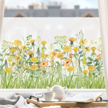 Fensterfolie - Sichtschutz - Aquarellierte Blumenwiese in Gelb - Fensterbilder