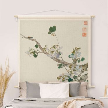 Wandteppich - Asiatische Zeichnung - Ast mit Blüten - Quadrat 1:1