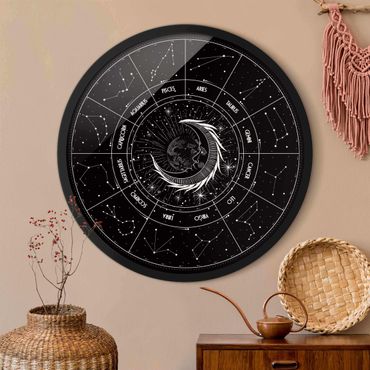 Rundes Gerahmtes Bild - Astrologie Mond und Sternzeichen Schwarz