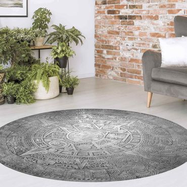 Runder Vinyl-Teppich - Azteken Ornamentik im Kreis Schwarz-Weiß