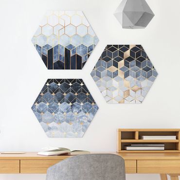 Hexagon Bild Forex 3-teilig - Elisabeth Fredriksson - Blau Weiß goldene Sechsecke Set