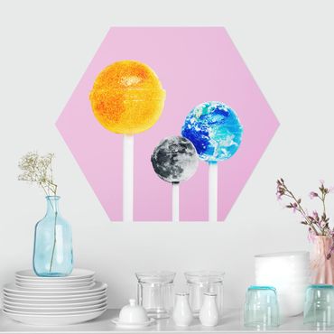Hexagon Bild Alu-Dibond - Jonas Loose - Lollipops mit Planeten