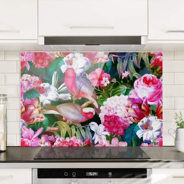 Spritzschutz Glas - Bunte Tropische Blumen mit Vögeln Pink - Querformat 2:3