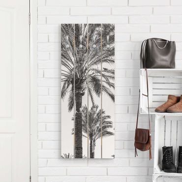 Wandgarderobe Holz - Palmen im Sonnenuntergang Schwarz-Weiß - Haken chrom Hochformat