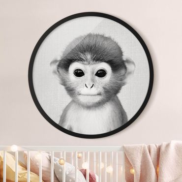 Rundes Gerahmtes Bild - Baby Affe Anton Schwarz Weiß