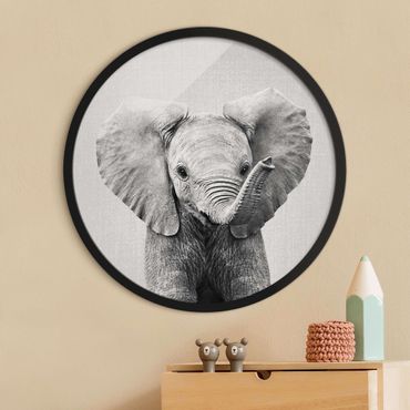 Rundes Gerahmtes Bild - Baby Elefant Elsa Schwarz Weiß