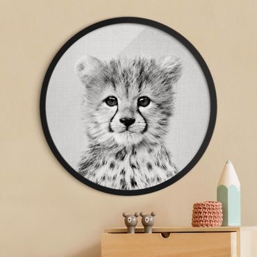 Rundes Gerahmtes Bild - Baby Gepard Gino Schwarz Weiß