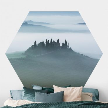 Hexagon Fototapete selbstklebend - Bauernhaus im Nebel