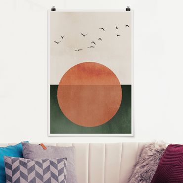 Poster - Vogelschwarm vor aufgehender Sonne - Hochformat 3:2