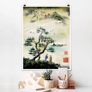 Poster - Japanische Aquarell Zeichnung Kiefer und Bergdorf - Hochformat 4:3
