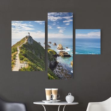 Leinwandbild 3-teilig - Nugget Point Leuchtturm und Meer Neuseeland - Collage 1