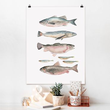 Poster - Sieben Fische in Aquarell I - Hochformat 3:4