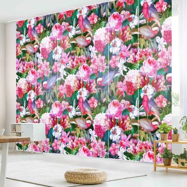 Schiebegardinen Set - Bunte Tropische Blumen mit Vögeln Pink - 6 Flächenvorhänge