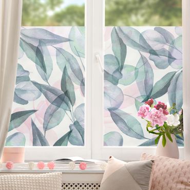 Fensterfolie - Sichtschutz - Blaue und Rosane Eukalyptus Aquarellblätter - Fensterbilder