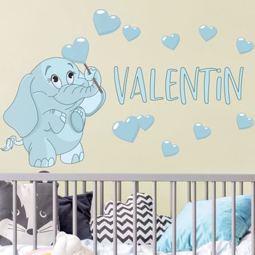 Wandtattoo - Blauer Babyelefant mit vielen Herzen