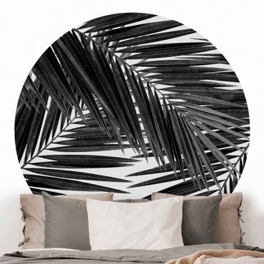 Runde Tapete selbstklebend - Blick durch Palmenblätter schwarz weiß