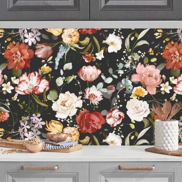 Küchenrückwand - Blumen Aquarell Vintage Muster auf Schwarz