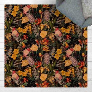 Kork-Teppich - Blumen mit Tropischen Vögeln Bunt - Quadrat 1:1