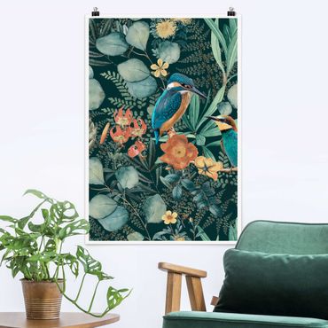 Poster - Blumenparadies Eisvogel und Kolibri - Hochformat 2:3