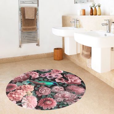 Runder Vinyl-Teppich - Blumenparadies Kolibri mit Rosen