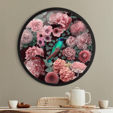 Rundes Gerahmtes Bild - Blumenparadies Kolibri mit Rosen