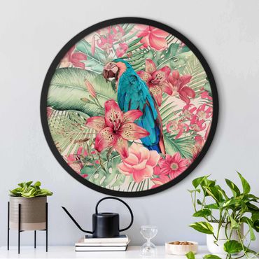 Rundes Gerahmtes Bild - Blumenparadies tropischer Papagei
