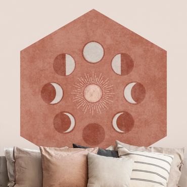 Hexagon Tapete selbstklebend - Boho Mondphasen mit Sonne
