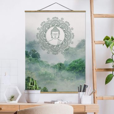 Stoffbild mit Posterleisten - Buddha Mandala im Nebel - Hochformat 3:4