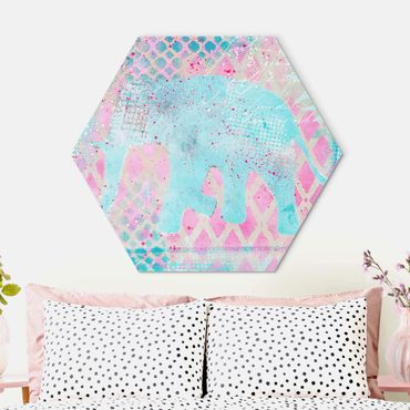 Hexagon-Alu-Dibond Bild - Bunte Collage - Elefant in Blau und Rosa