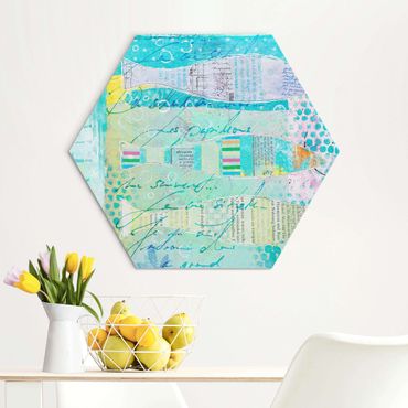Hexagon-Alu-Dibond Bild - Bunte Collage - Fische und Punkte