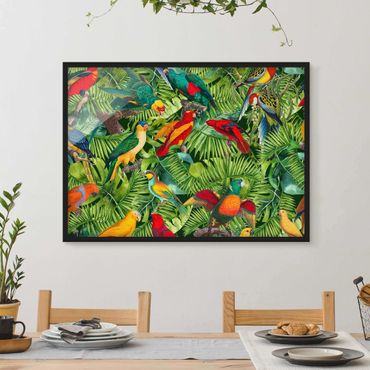 Bild mit Rahmen - Bunte Collage - Papageien im Dschungel - Querformat 4:3