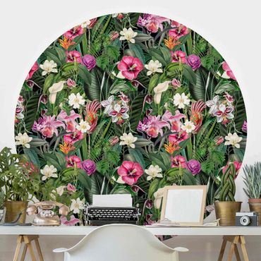 Runde Tapete selbstklebend - Bunte tropische Blumen Collage