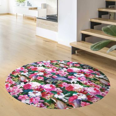 Runder Vinyl-Teppich - Bunte Tropische Blumen mit Vögeln Pink