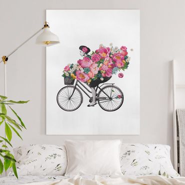 Leinwandbild - Illustration Frau auf Fahrrad Collage bunte Blumen - Hochformat 4:3