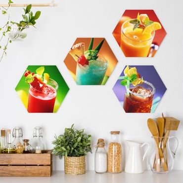 Hexagon Bild Alu-Dibond 4-teilig - Bunte Cocktails