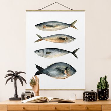 Stoffbild mit Posterleisten - Vier Fische in Aquarell I - Hochformat 3:4
