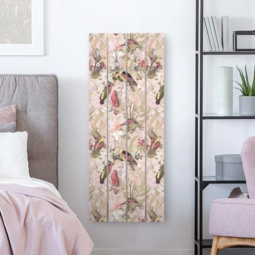 Wandgarderobe Holz - Rosa Pastell Vögel mit Blumen - Haken chrom Hochformat