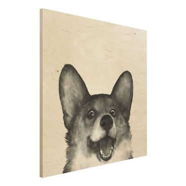 Holzbild - Illustration Hund Corgi Weiß Schwarz Malerei - Quadrat 1:1