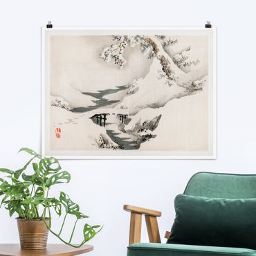 Poster - Asiatische Vintage Zeichnung Winterlandschaft - Querformat 3:4