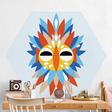Hexagon Mustertapete selbstklebend - Collage Ethno Maske - Papagei