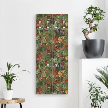 Wandgarderobe Holz - Tropische Blumen mit Affen - Haken chrom Hochformat