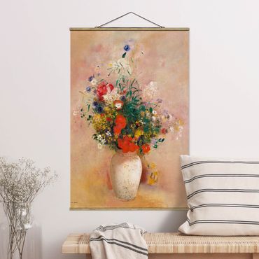 Stoffbild mit Posterleisten - Odilon Redon - Vase mit Blumen (rosenfarbener Hintergrund) - Hochformat 2:3