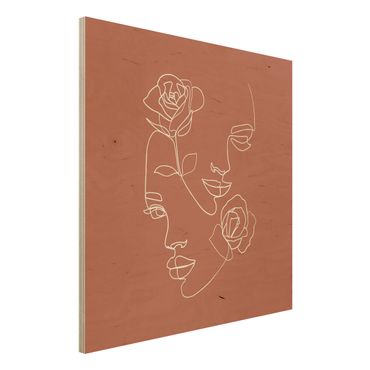 Holzbild - Line Art Gesichter Frauen Rosen Kupfer - Quadrat 1:1
