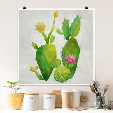 Poster - Kaktusfamilie rosa gelb - Quadrat 1:1