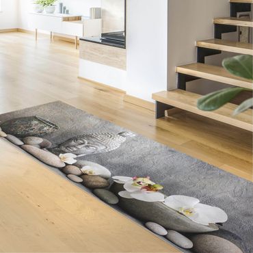 Vinyl-Teppich - Zen Buddha mit weißen Orchideen - Panorama Quer