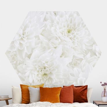 Hexagon Mustertapete selbstklebend - Dahlien Blumenmeer weiß
